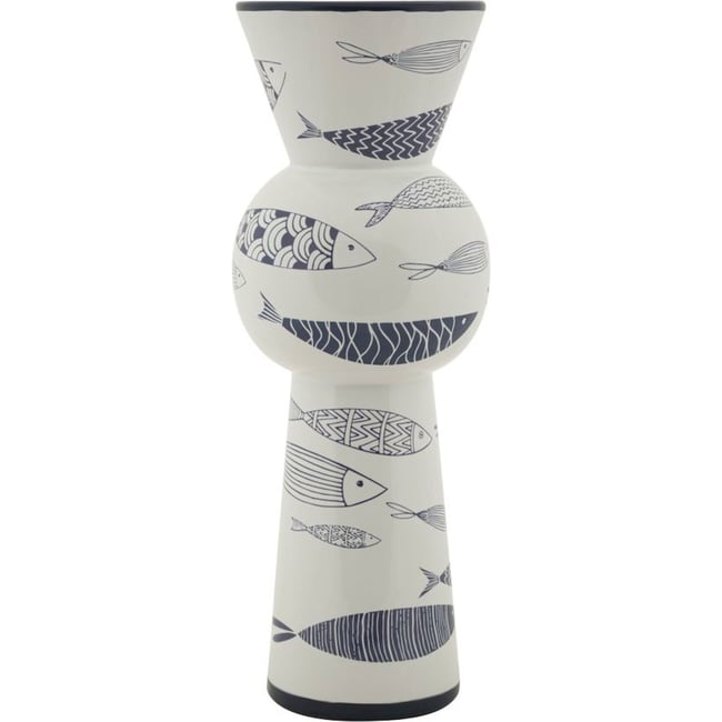 Vase haut en céramique motif poissons MODERN Couleur blanc avec décorations bleues <span itemprop=