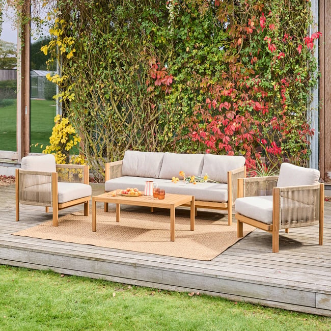 Salon de jardin acacia et cordes 5 places ELOMI ecru <span itemprop=