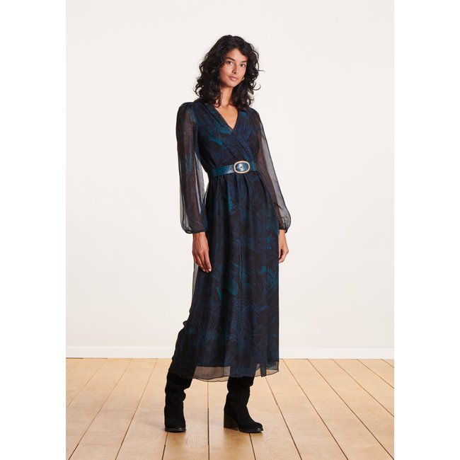 Robe longue en voile à fleurs noir/bleu <span itemprop=