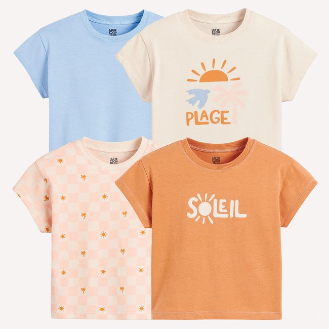 Lot de 4 T-shirts à col rond bleu + marron + écru + imp <span itemprop=
