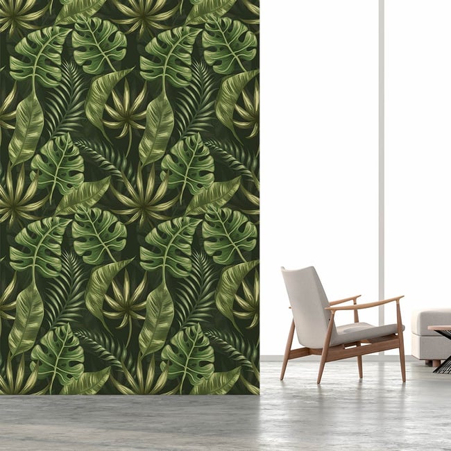 Papier peint feuilles vertes emeraudes Couleur intissé <span itemprop=