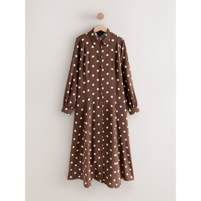Robe chemise imprimée à manches longues pois marron chocolat/écru <span itemprop=
