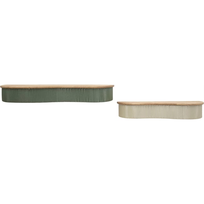 Étagères murales ondulées hévéa et métal MODERN Couleur vert blanc et bois naturel <span itemprop=