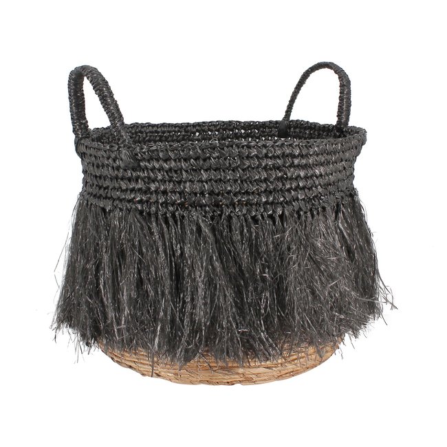 Panier à franges en raphia avec anses Couleur noir <span itemprop=