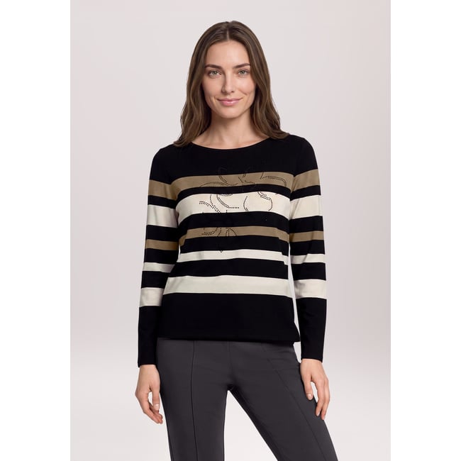 T-shirt à rainures à encolure bateau taupe/black <span itemprop=