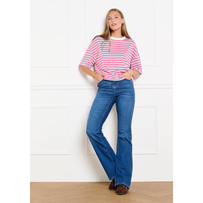 T-shirt rayé manches courtes fuchsia <span itemprop=