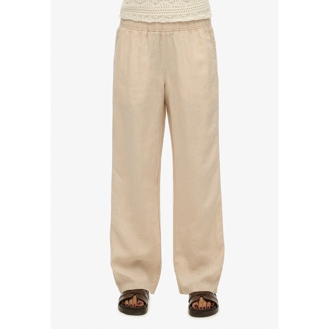 Pantalon en lin à cordon de serrage beige <span itemprop=