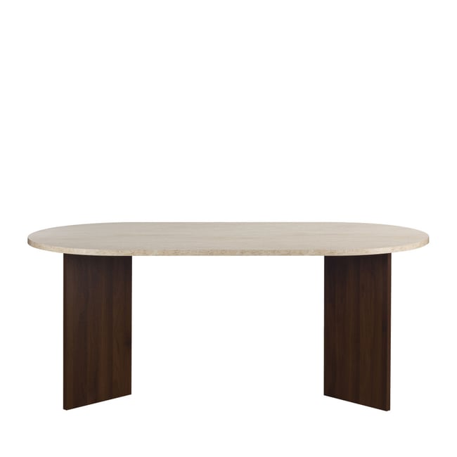 Table à manger 8 personnes ovale en bois et effet travertin - CALIAN Couleur beige <span itemprop=