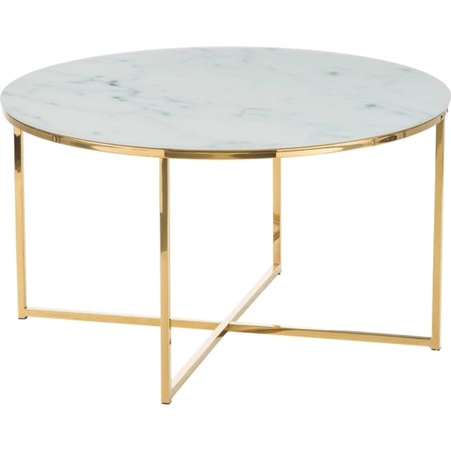 Table basse ronde ALISMA plateau verre Couleur blanc effet marbre et doré <span itemprop=
