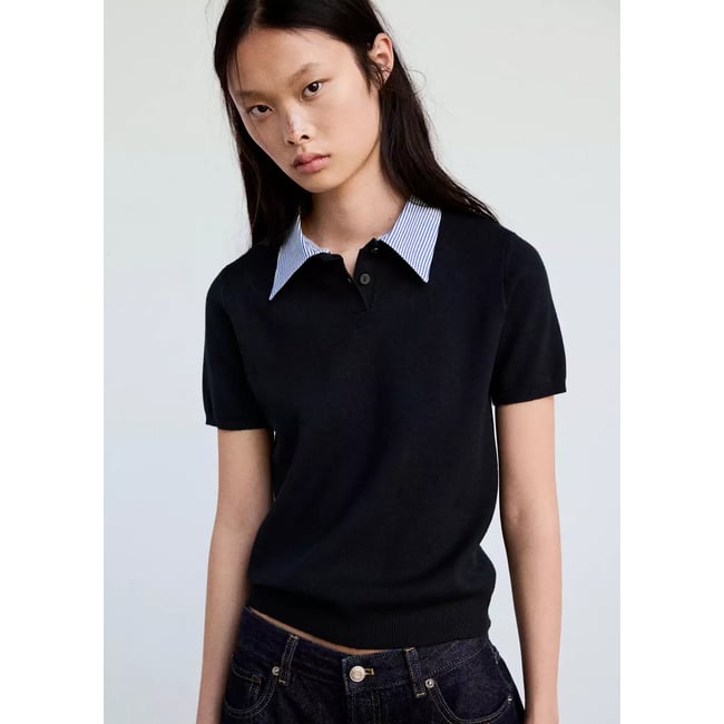 Pull col polo à rayures bleu marine foncé <span itemprop=