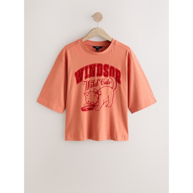 T-shirt ras du cou manches courtes/motif chat rose corail <span itemprop=