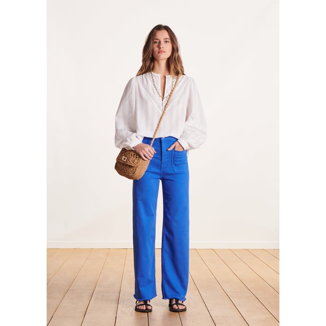 Jean flare taille haute en coton biologique bleu royal <span itemprop=