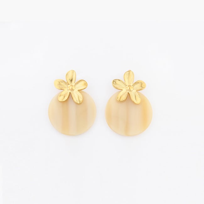 Boucles d'oreilles disque et fleur beige <span itemprop=