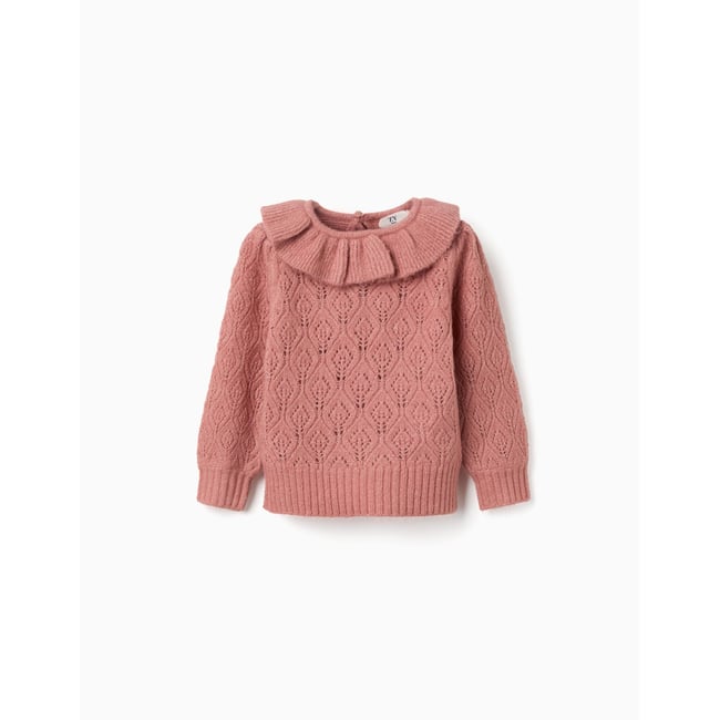 Pull en maille ajourée avec col à volants rose <span itemprop=