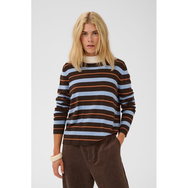 Pullover tricoté marron bleu brown/blue stripe <span itemprop=