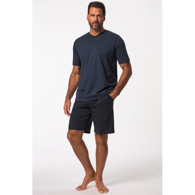 Pyjama court deux pièces à rayures. bleu marine <span itemprop=