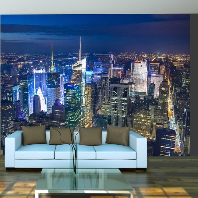 Papier peint intissé panoramique Ville et Architecture Manhattan - nuit Couleur bleu <span itemprop=