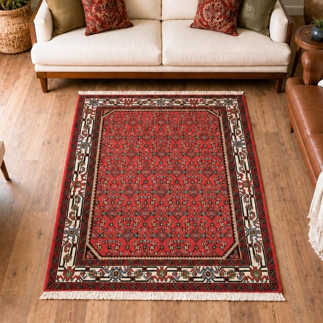 Tapis d'orient au motif oriental, noué main en laine, HAMADAN 21 Couleur rouge, crème, noir <span itemprop=