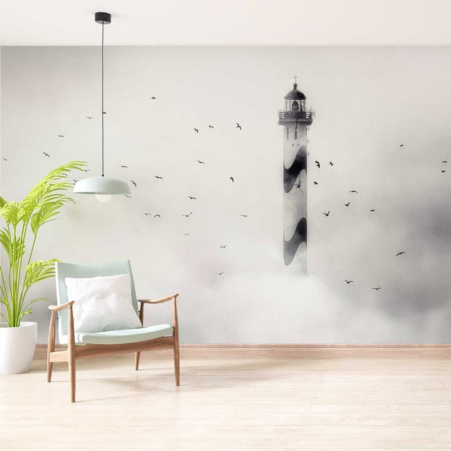 Papier peint panoramique phare dans la brume Couleur intissé <span itemprop=