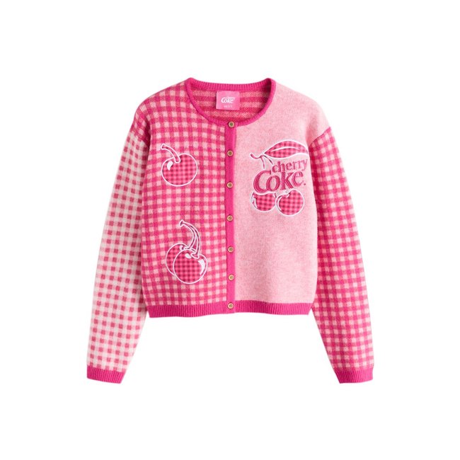 Cardigan en maille ras du cou coca-cola cerise à carreaux roses <span itemprop=