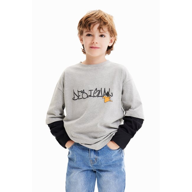 T-shirt manches doubles Looney Tunes gris <span itemprop=
