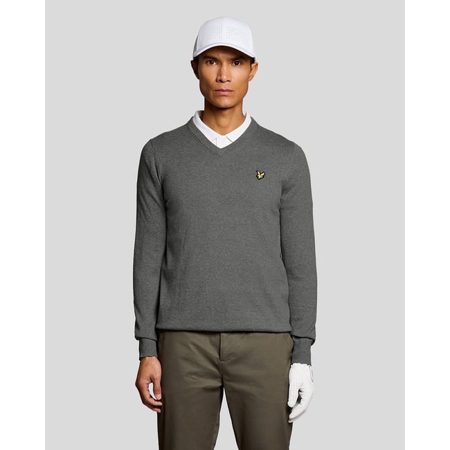 Pull en mélange de coton col V gris moyen chiné <span itemprop=
