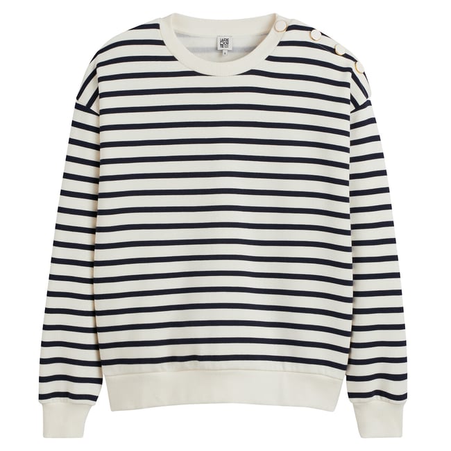 Stripete genser med rund hals og knappede skulderdetaljer elfenbensfarget/marineblå stripe LA REDOUTE COLLECTIONS
