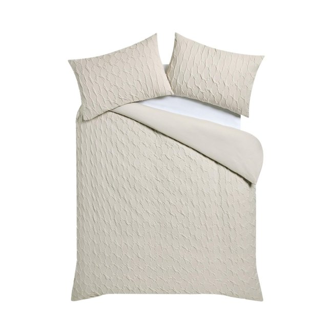 Housse de couette et taies à motif carré naturel <span itemprop=