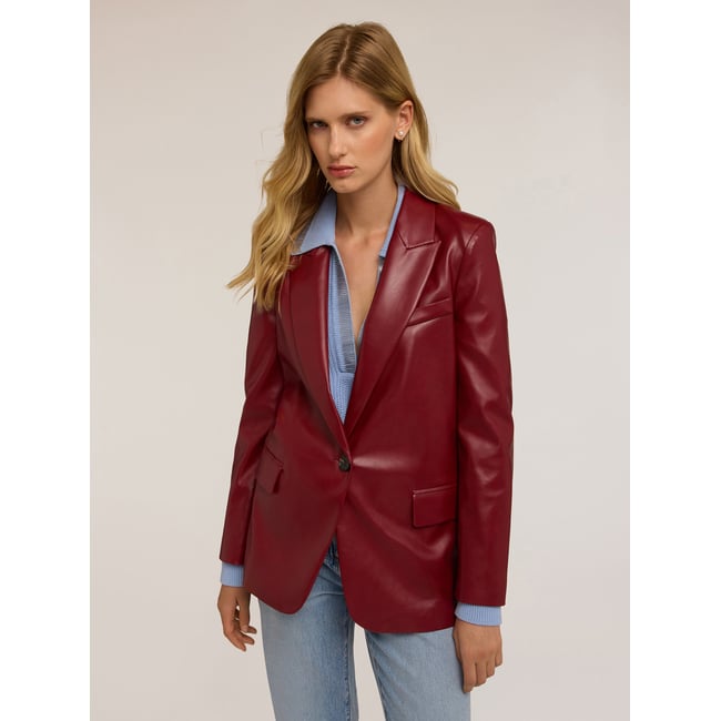 Blazer à simple boutonnage en tissu enduit rouge <span itemprop=