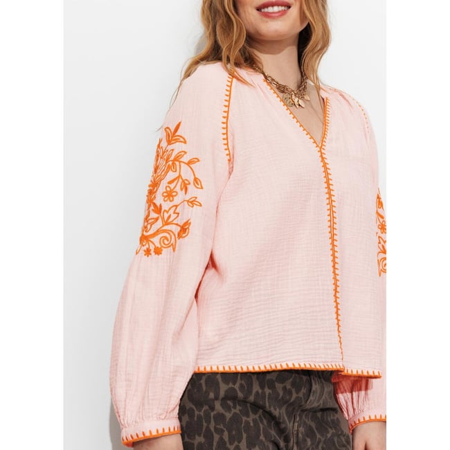 Blouse brodée gaze de coton pêche <span itemprop=
