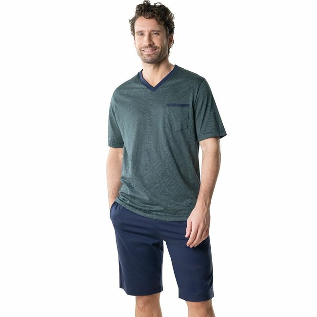 Pijama corto estampado con cuello de pico en algodón mercerizado estampado + azul marino <span itemprop=