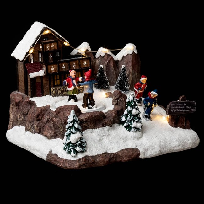 Village lumineux chalet et patineurs 9 LED à mouvement Couleur multicolore <span itemprop=