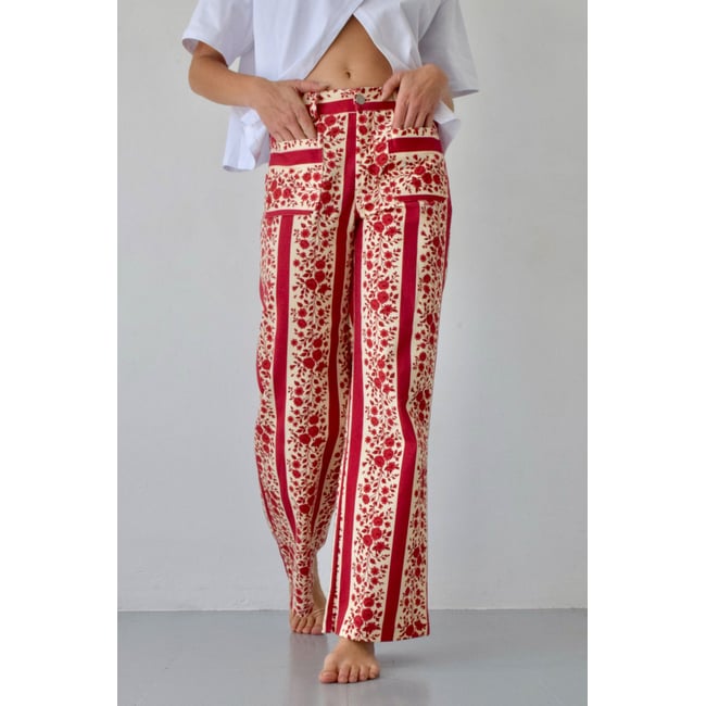 Jean droit bandes fleuries VALERIA rouge <span itemprop=