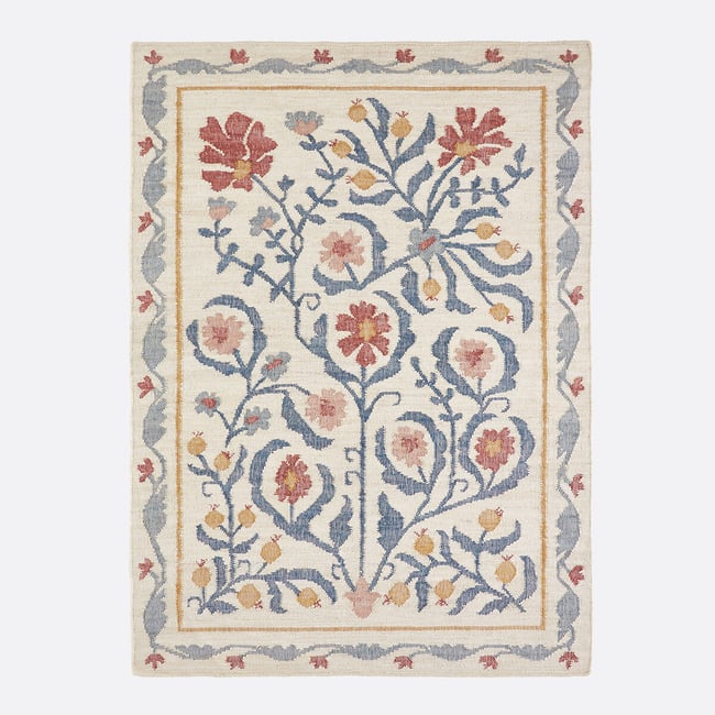 Tapis en jute motif fleurs, Antonia Couleur naturel/bleu <span itemprop=