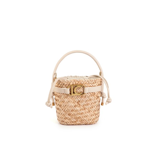 Mini panier tressé avec poignées et détails effet cuir ecru <span itemprop=