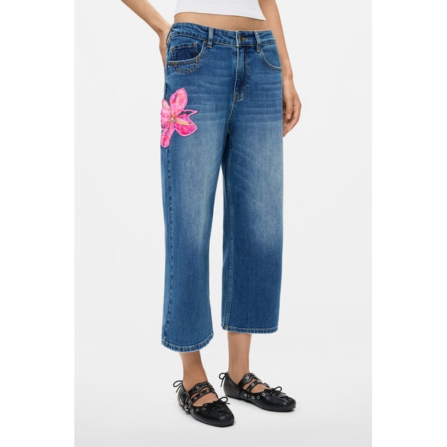 Pantalon jean floral culotte bleu clair <span itemprop=