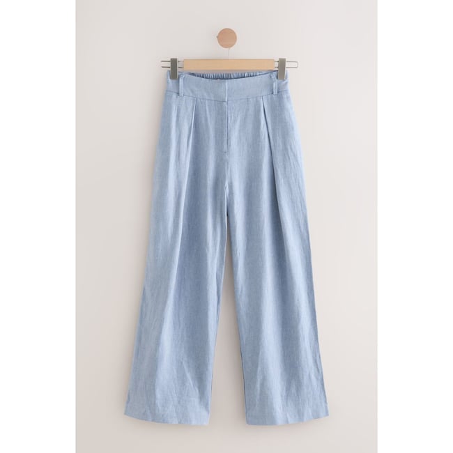 Pantalon ample dos élastique en lin mélangé chambray bleu <span itemprop=