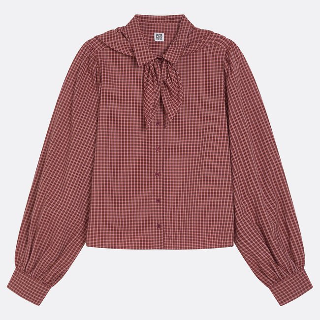 Chemise à carreaux col foulard manches longues carreaux bordeaux <span itemprop=