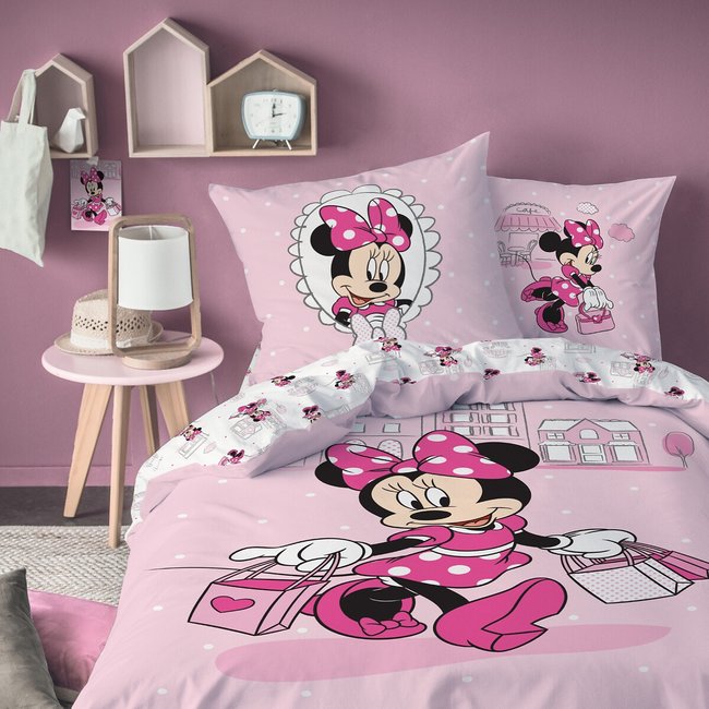 Housse de couette + taie coton Minnie Shopping imprimé rose <span itemprop=