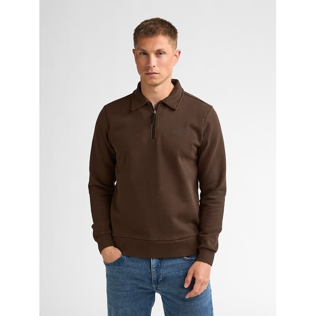 Sweat col polo zippé chocolat <span itemprop=