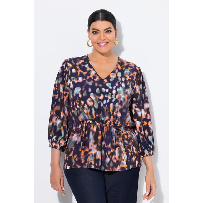 Blouse avec imprimé, cordon à froncer marine <span itemprop=