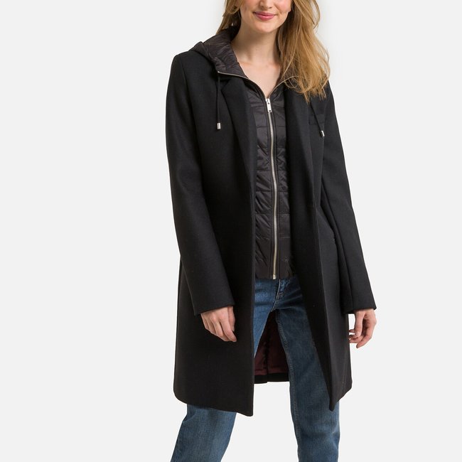 Manteau capuche en drap de laine noir <span itemprop=