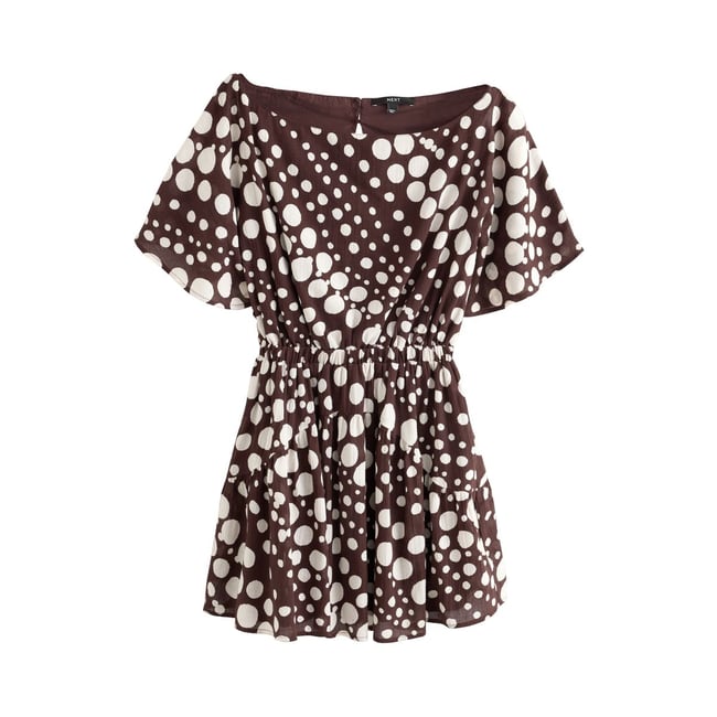 Mini robe cintrée à manches kimono pois marron chocolat <span itemprop=