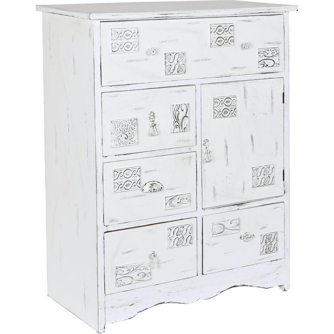 Commode en bois, détails sculptés, Romantico Couleur blanc patiné antique <span itemprop=