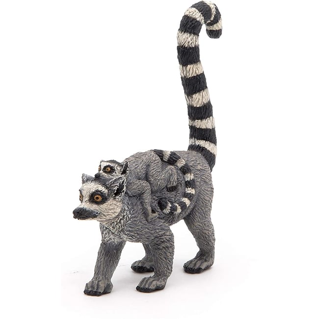 Figurine Lémurien et son bébé gris <span itemprop=
