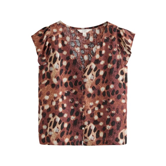 Top à manches courtes col en v lin mélangé motif de cerf <span itemprop=