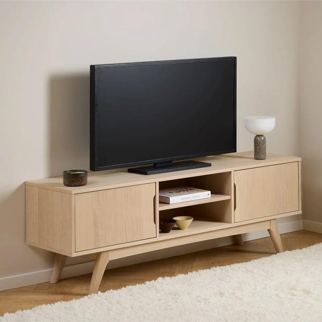 Meuble TV en chêne blanchi 2 portes 2 niches L160 - MARTINE Couleur bois clair <span itemprop=