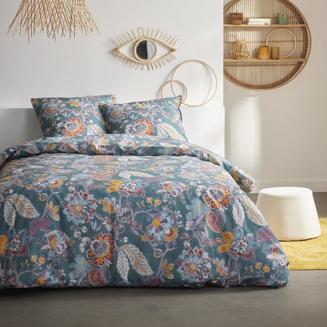 Parure de lit imprimé Floral coton SUNSHINE LOUISON bleu <span itemprop=