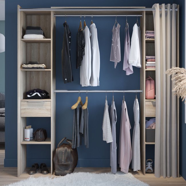Dressing extensible avec rideau en bois Couleur bois clair <span itemprop=