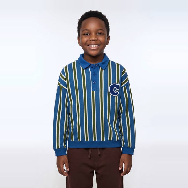 Sweat col polo rayé en coton BIO GOTS porcelaine <span itemprop=